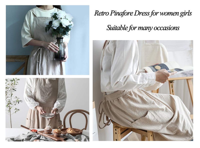 losofar Women Girls Vintage Apron Adjustable Gardening Works Cross Back Cotton/Linen Blend Aprons Pinafore Dress with Two Pockets (beige, one size) - Image 5